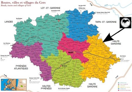 Carte du Gers avec position du camping du mouton noir